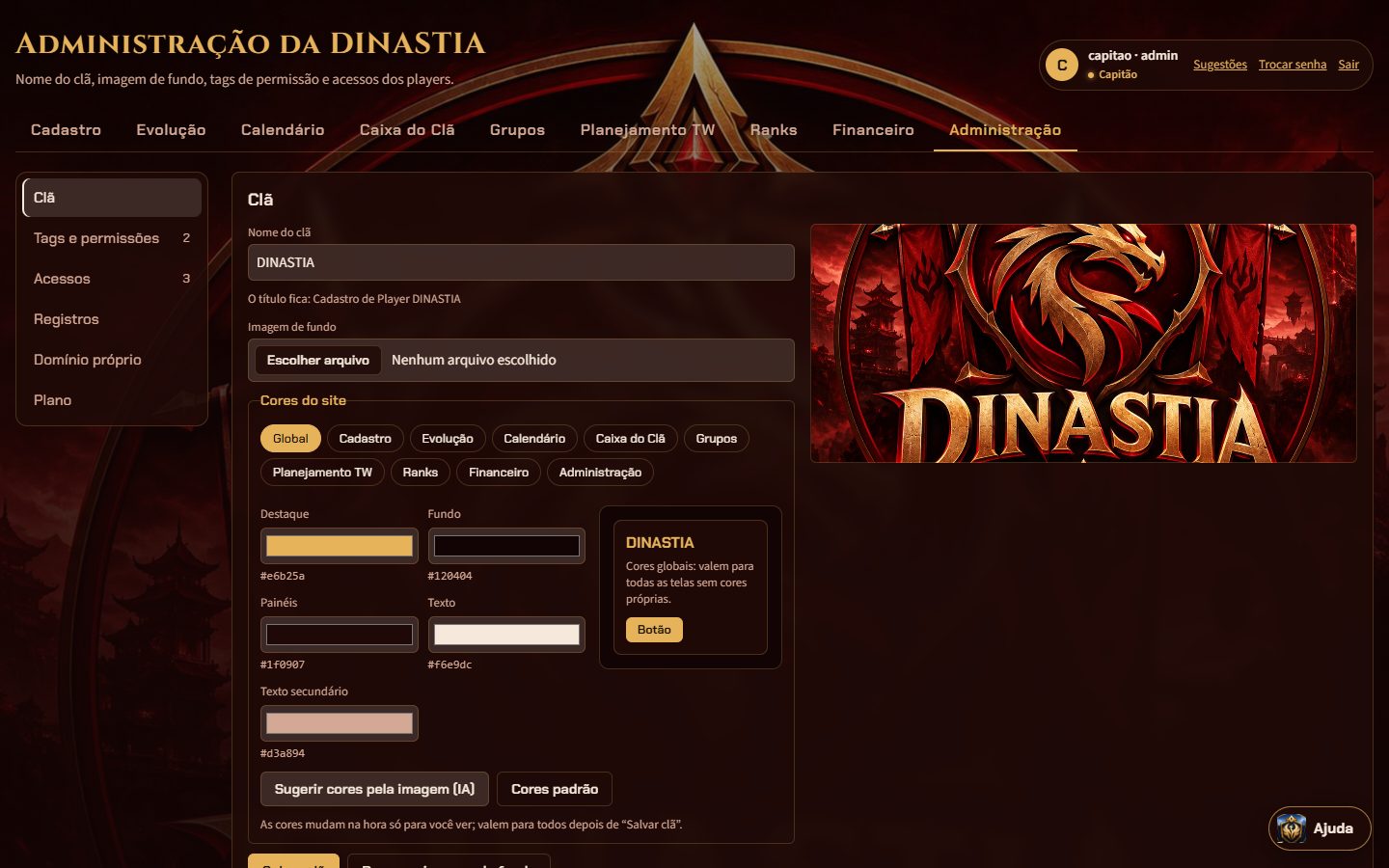 Tela de administração: tags com as permissões de cada uma, os acessos dos players e os registros do clã