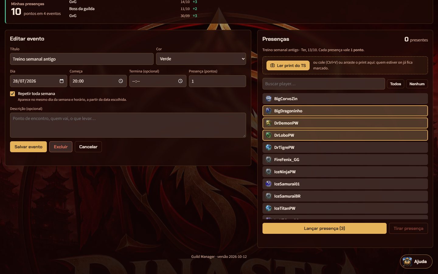 Tela de calendário: evento da GvG aberto com o painel de presenças dos players