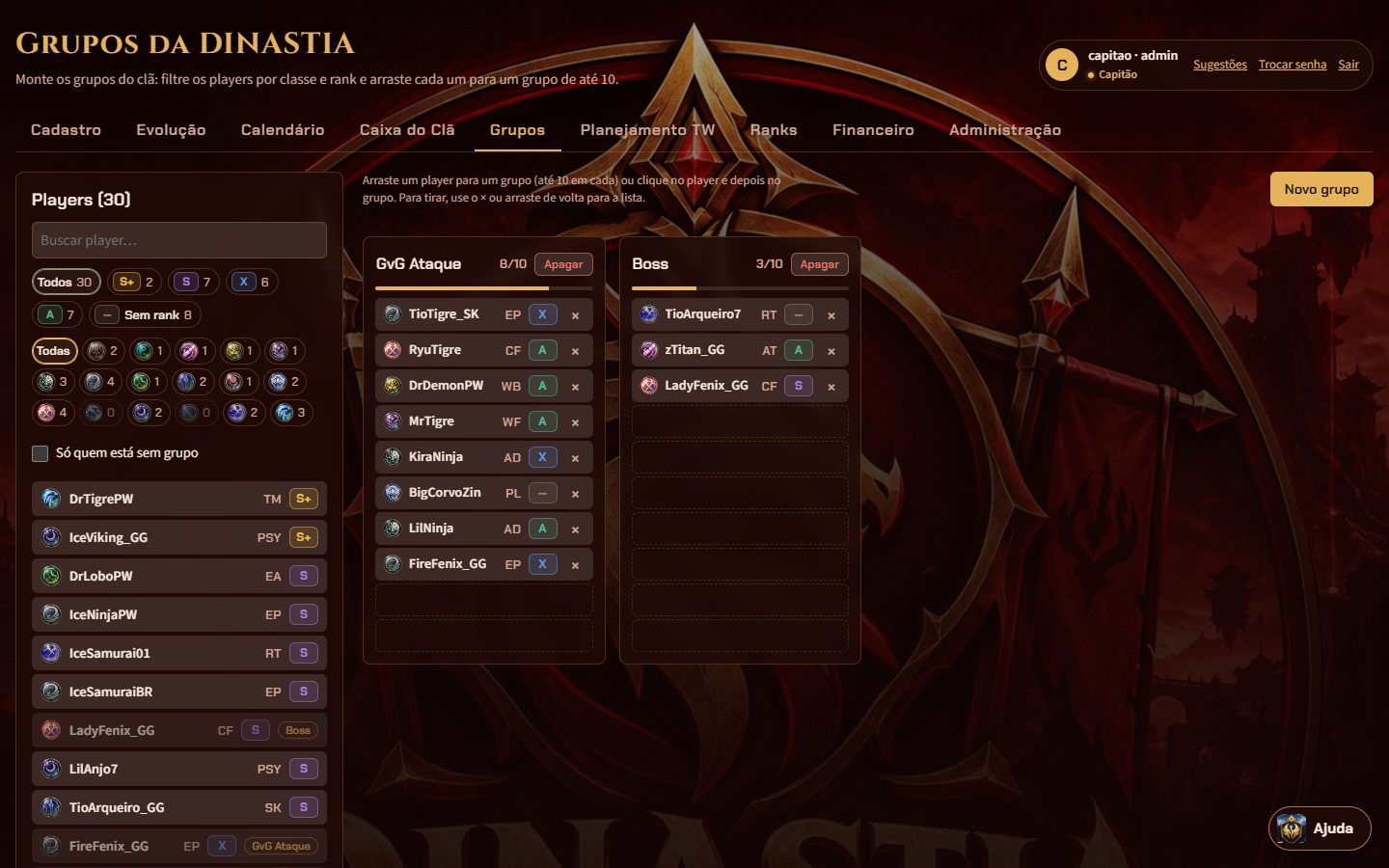 Tela de grupos: players filtrados por classe e rank e grupos de até 10
