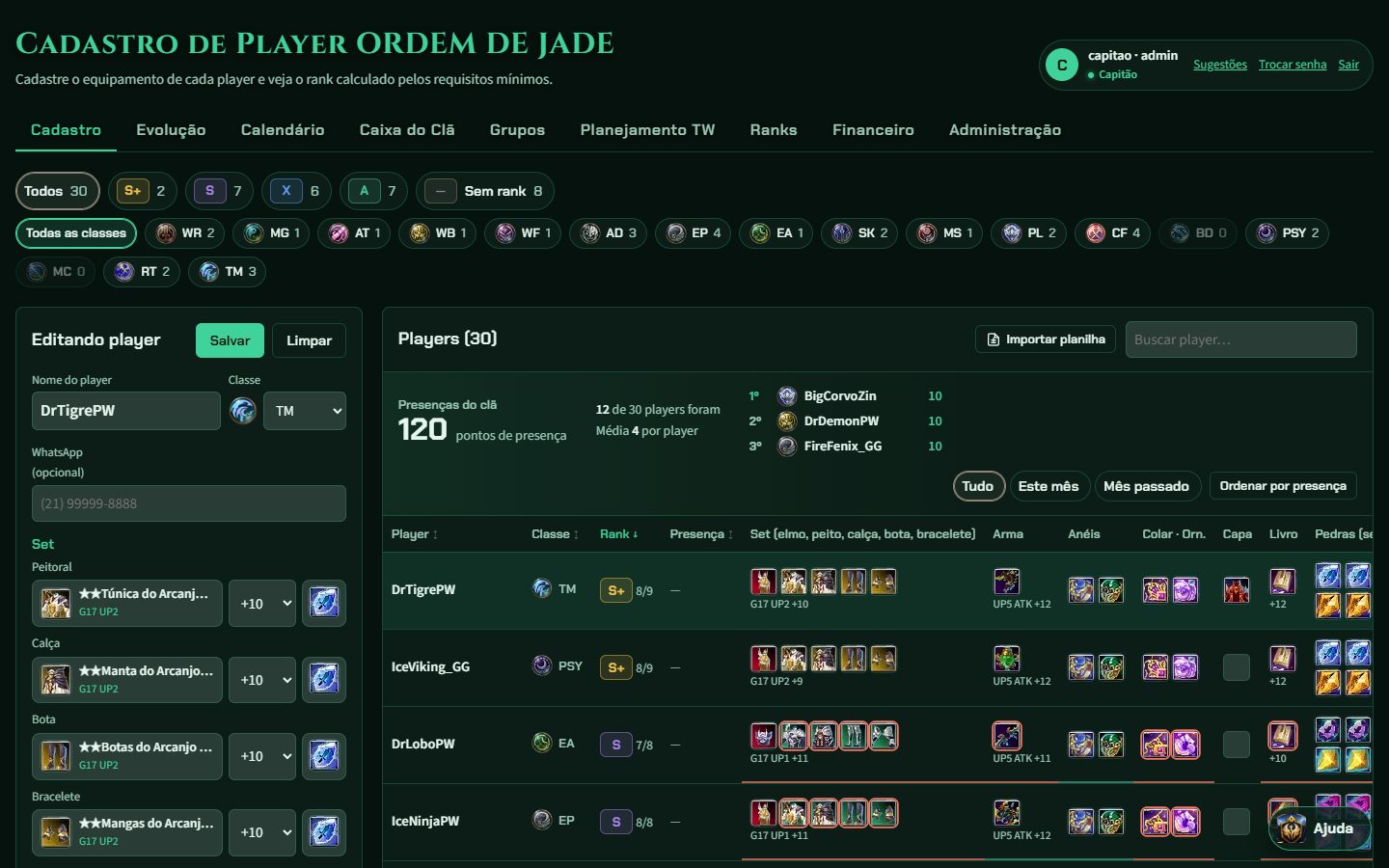 O sistema com as cores verdes do clã ORDEM DE JADE