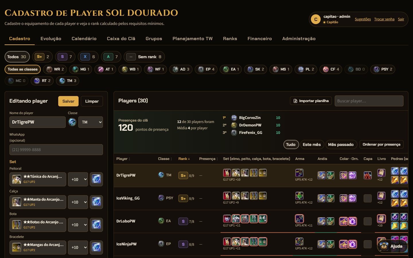O sistema com as cores douradas do clã SOL DOURADO