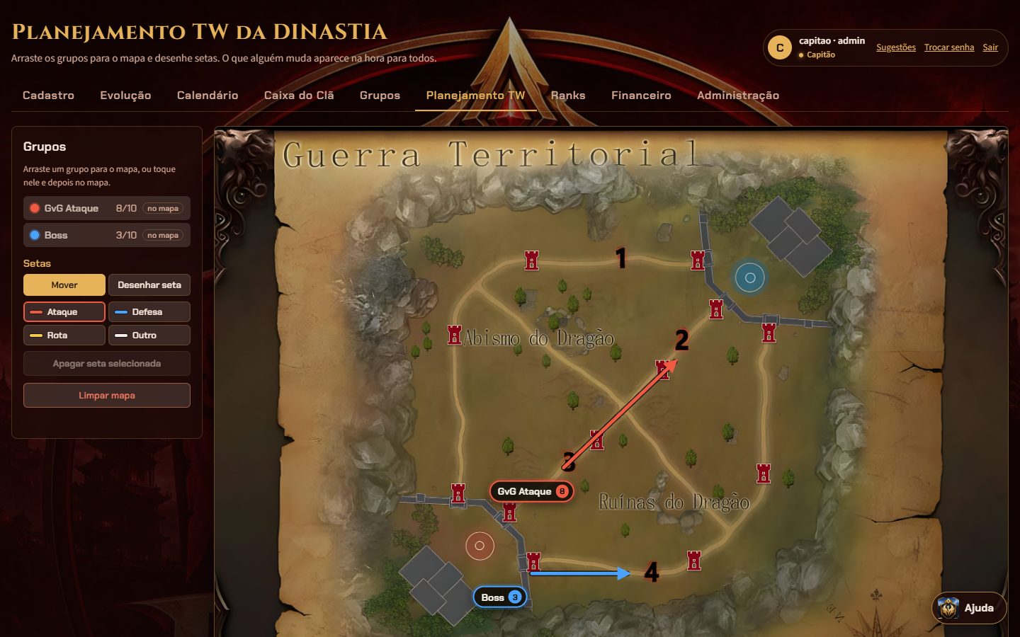 Tela de planejamento da TW: grupos e setas sobre o mapa